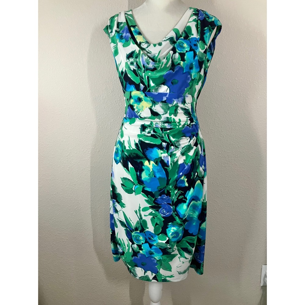 LAUREN RL Floral Sheath Dress 8โ Cowl Neck Gathered Career Office Wedding Classi